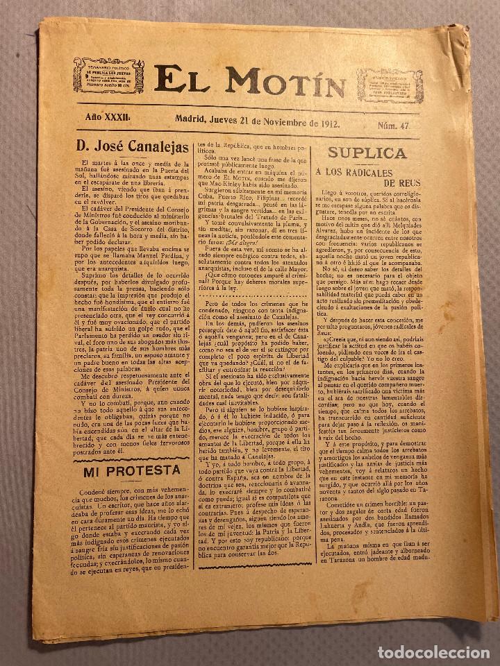 Coleccionismo de Revistas y Peri&oacute;dicos: ANTIGUO PERI&Oacute;DICO EL MOT&Iacute;N. MADRID. JUEVES, 21 DE NOVIEMBRE 1912. N&Uacute;M.47 ANTICLERICAL. REPUBLICANO@