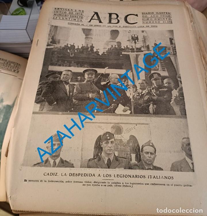 Coleccionismo de Revistas y Peri&oacute;dicos: ABC SEVILLA, 2 JUNIO 1939, CADIZ DESPEDIDA LEGIONARIOS ITALIANOS,LAUREADA BANDERA FALANGE,ETC.19 PGS