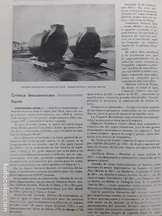 Sammeln von Zeitschriften und Zeitungen: CONSTRUCCIONES NAVALES ASTILLEROS EUSKALDUNA NERVION RIERA SOTA Y AZNAR PESQUERA MONTA&Ntilde;ESA A&Ntilde;O 1919