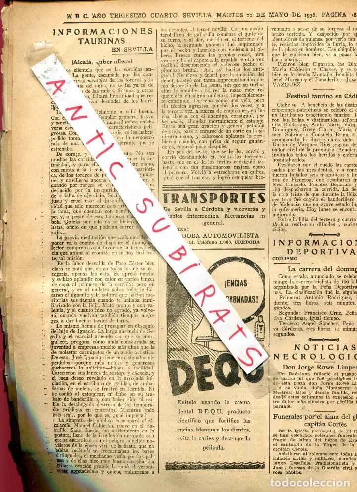 Coleccionismo de Revistas y Peri&oacute;dicos: PERIODICO ABC A&Ntilde;O 1938 GUERRA CIVIL TOROS EN BELMONTE SEVILLA CADIZ PERBORINA MATACUCARACHAS TECA