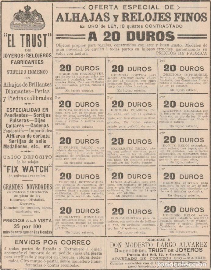 Coleccionismo de Revistas y Peri&oacute;dicos: Publicidad alhajas y relojes finos de El Trust de Joyeros - 1912