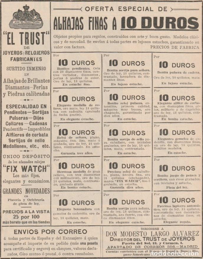 Coleccionismo de Revistas y Peri&oacute;dicos: Publicidad alhajas a 10 duros de El Trust de Joyeros - 1912