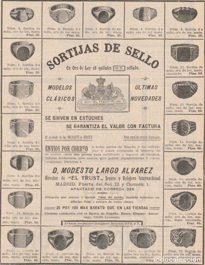 Coleccionismo de Revistas y Peri&oacute;dicos: Publicidad sortijas de sello de El Trust de Joyeros - 1912