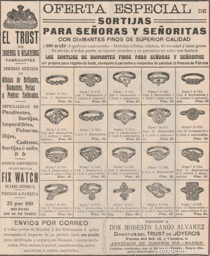 Coleccionismo de Revistas y Peri&oacute;dicos: Publicidad sortijas para se&ntilde;oras y se&ntilde;oritas con diamantes de El Trust de Joyeros - 1912