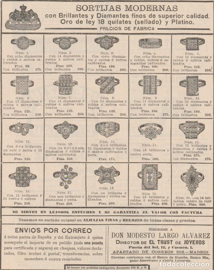 Coleccionismo de Revistas y Peri&oacute;dicos: Publicidad sortijas modernas con brillantes y diamantes finos de El Trust de Joyeros - 1912