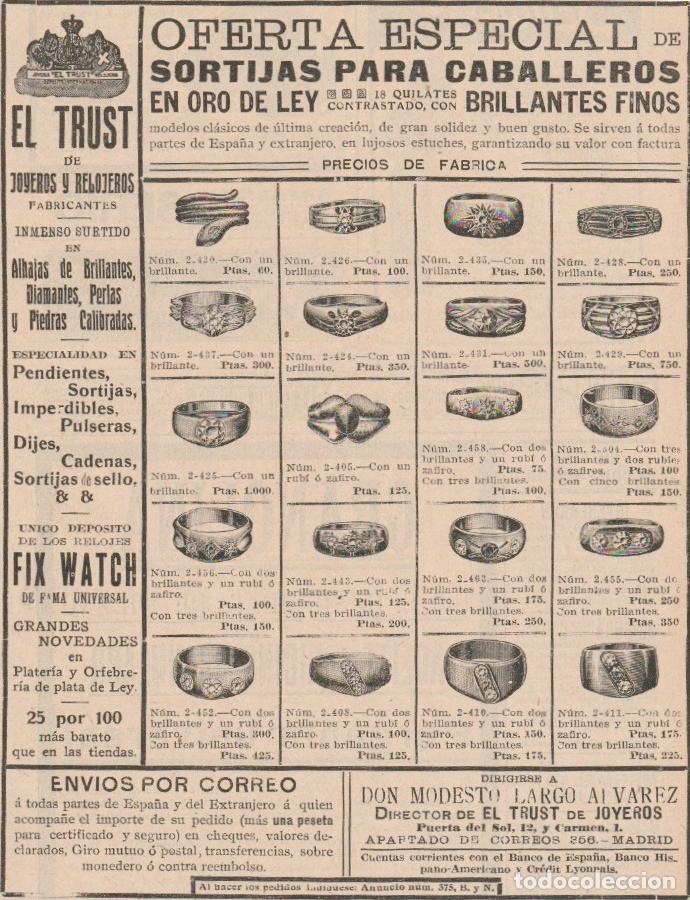 Coleccionismo de Revistas y Peri&oacute;dicos: Publicidad sortijas para caballeros de El Trust de Joyeros - 1912