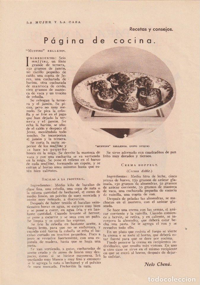 Coleccionismo de revistas y peri&oacute;dicos: P&aacute;gina de cocina: muffins rellenos; bacalao a la provenzal, crema Doppelt / Nelo Chen&uacute; - 1931