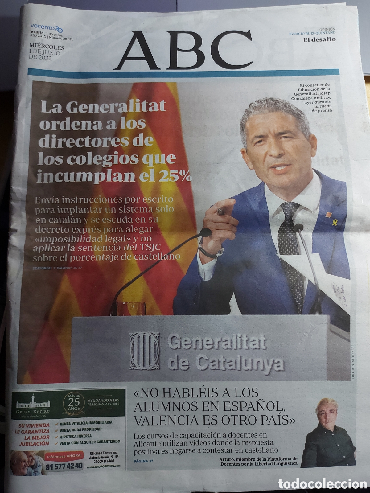 Coleccionismo de Revistas y Peri&oacute;dicos: PERIODICO ABC N&ordm; 38871 1.6.2022 LA GENRALITAT INCUMPLE EL 25%