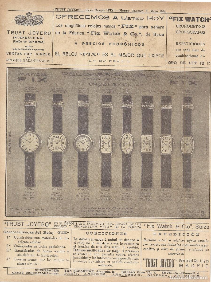 Coleccionismo de Revistas y Peri&oacute;dicos: 1924 HOJA REVISTA PUBLICIDAD ANUNCIO JOYER&Iacute;A RELOJER&Iacute;A TRUST JOYERO RELOJES 'FIX WATCH'