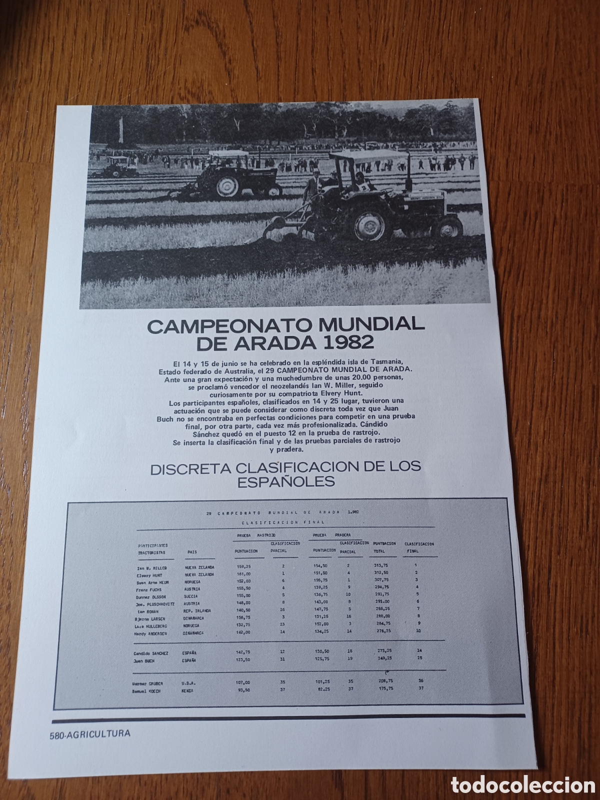 Coleccionismo de revistas y peri&oacute;dicos: 29 CAMPEONATO MUNDIAL DE ARADA A&Ntilde;O 1982. TASMANIA CLASIFICACI&Oacute;N FINAL. HOJA A&Ntilde;O 1982 . 29 X 20 CM