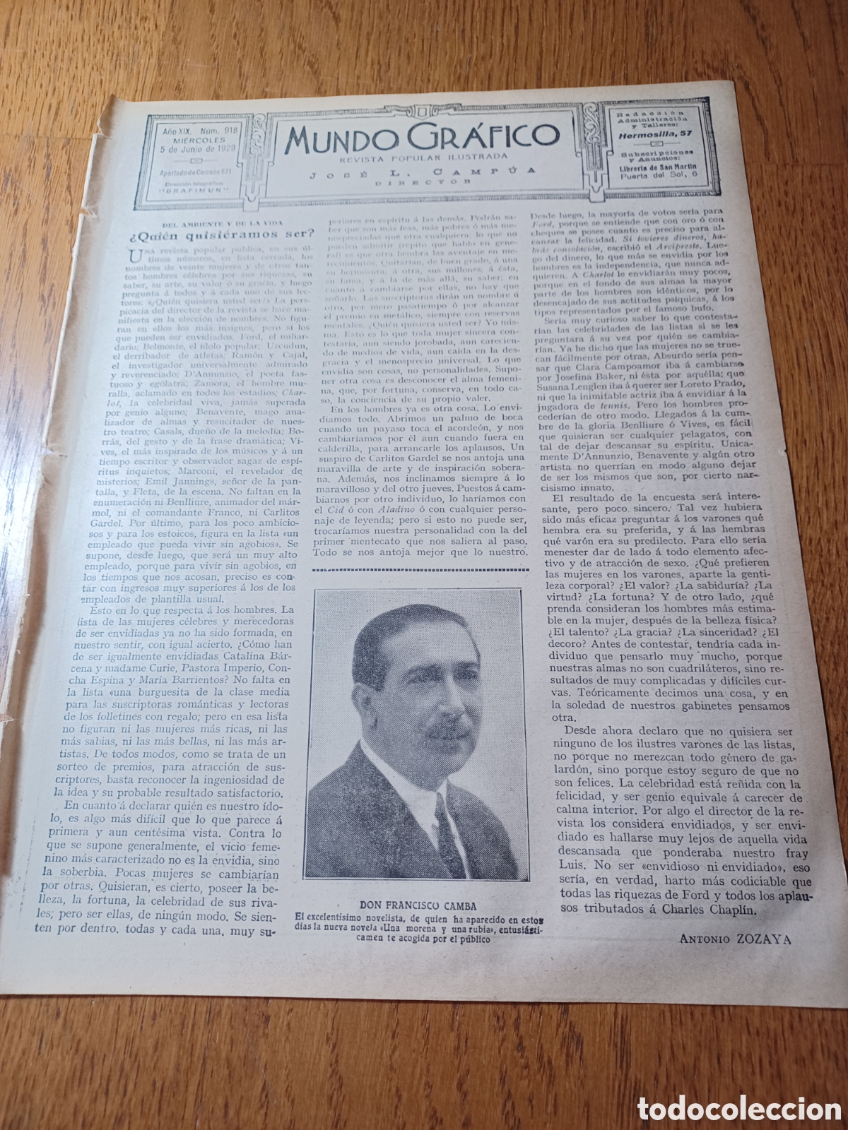 Coleccionismo de Revistas y Peri&oacute;dicos: &iquest;QUI&Eacute;N QUISI&Eacute;RAMOS SER?. ARTUCULO EN EL MUNDO GRAFICO DE ANTONIO ZOZAYA FOTO DE FRANCISCO CAMBA 1929