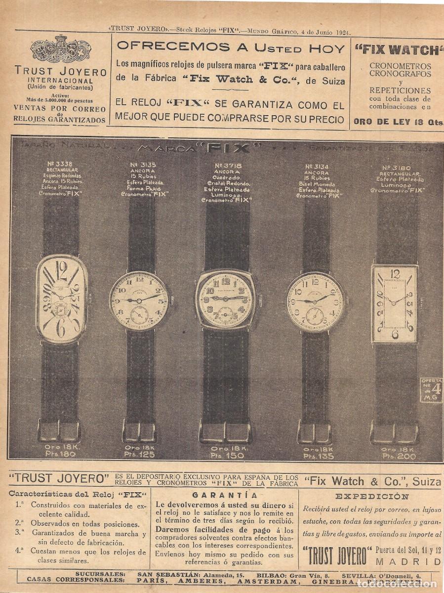 Coleccionismo de Revistas y Peri&oacute;dicos: 1924 HOJA REVISTA PUBLICIDAD ANUNCIO JOYER&Iacute;A RELOJER&Iacute;A TRUST JOYERO RELOJES 'FIX WATCH'