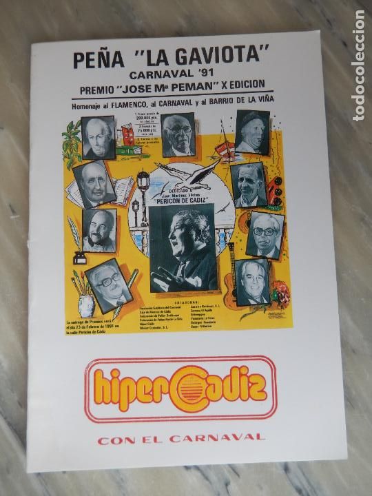 Coleccionismo de Revistas y Peri&oacute;dicos: C&Aacute;DIZ - PE&Ntilde;A LA GAVIOTA - CARNAVAL 1991 - PREMIO JOS&Eacute;MAR&Iacute;A PEM&Aacute;N X EDICI&Oacute;N - FLAMENCO, CARNAVAL ...