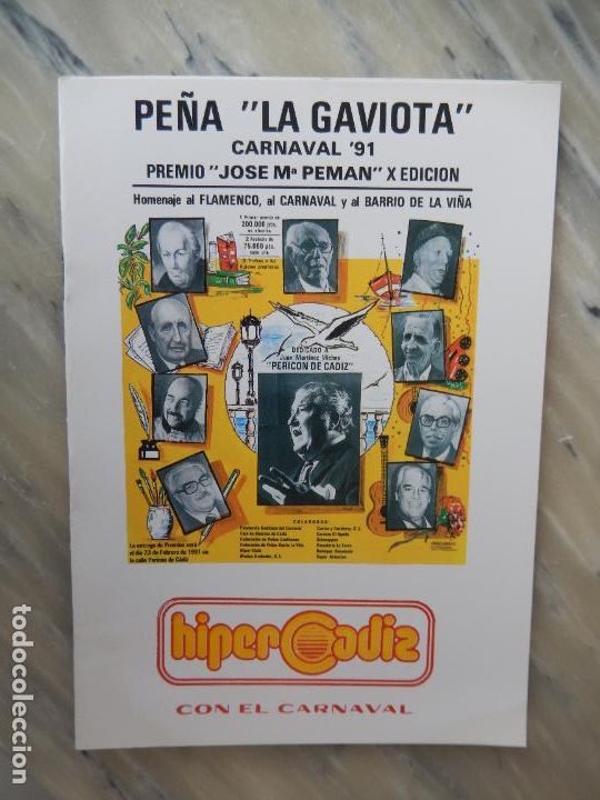 Coleccionismo de Revistas y Peri&oacute;dicos: C&Aacute;DIZ - PE&Ntilde;A LA GAVIOTA - CARNAVAL 1991 - PREMIO JOS&Eacute;MAR&Iacute;A PEM&Aacute;N X EDICI&Oacute;N - FLAMENCO, CARNAVAL ...