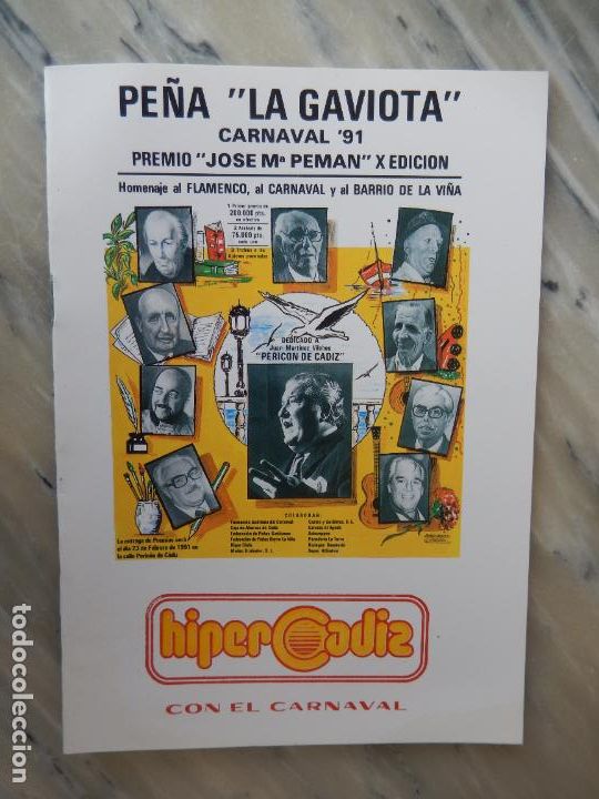 Coleccionismo de Revistas y Peri&oacute;dicos: C&Aacute;DIZ - PE&Ntilde;A LA GAVIOTA - CARNAVAL 1991 - PREMIO JOS&Eacute;MAR&Iacute;A PEM&Aacute;N X EDICI&Oacute;N - FLAMENCO, CARNAVAL ...