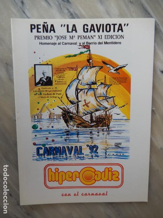 Coleccionismo de Revistas y Peri&oacute;dicos: C&Aacute;DIZ - PE&Ntilde;A LA GAVIOTA - CARNAVAL 1992 - PREMIO JOS&Eacute;MAR&Iacute;A PEM&Aacute;N XI EDICI&Oacute;N - CARNAVAL, MENTIDERO..