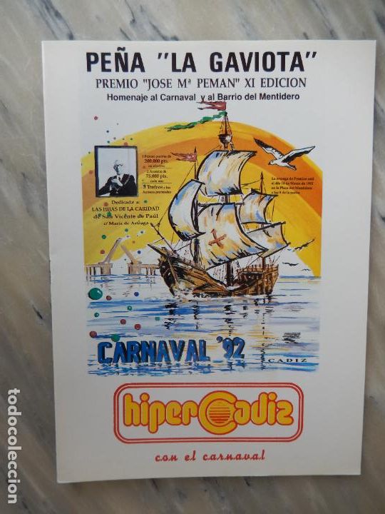 Coleccionismo de Revistas y Peri&oacute;dicos: C&Aacute;DIZ - PE&Ntilde;A LA GAVIOTA - CARNAVAL 1992 - PREMIO JOS&Eacute;MAR&Iacute;A PEM&Aacute;N XI EDICI&Oacute;N - CARNAVAL, MENTIDERO..