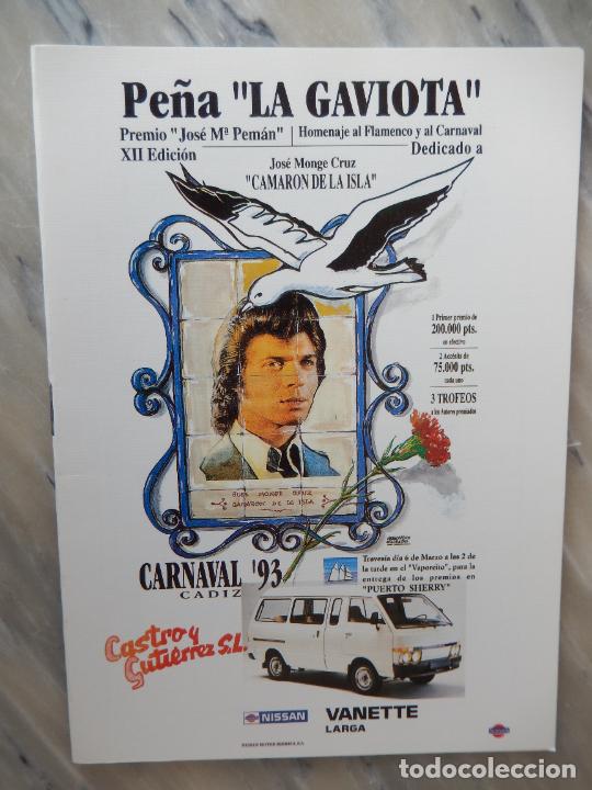 Coleccionismo de Revistas y Peri&oacute;dicos: C&Aacute;DIZ-PE&Ntilde;A LA GAVIOTA-CARNAVAL 1993-PREMIO JOS&Eacute;MAR&Iacute;A PEM&Aacute;N XII EDICI&Oacute;N-CARNAVAL, CAMAR&Oacute;N DE LA ISLA