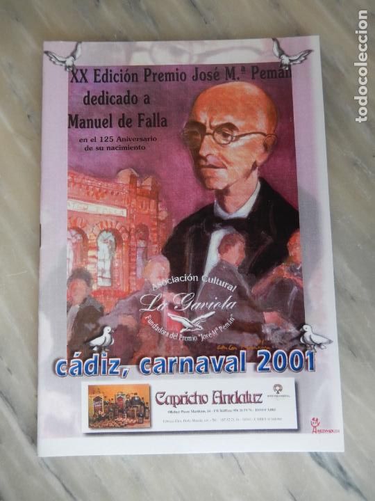 Coleccionismo de Revistas y Peri&oacute;dicos: C&Aacute;DIZ- LA GAVIOTA-CARNAVAL 2001-PREMIO JOS&Eacute; MAR&Iacute;A PEM&Aacute;N XX EDICI&Oacute;N-DEDICADO A MANUEL DE FALLA.