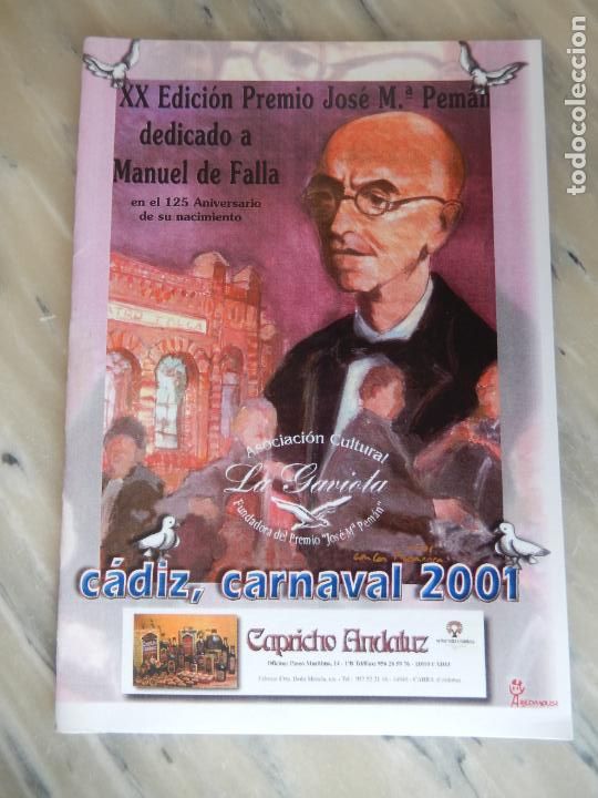 Coleccionismo de Revistas y Peri&oacute;dicos: C&Aacute;DIZ- LA GAVIOTA-CARNAVAL 2001-PREMIO JOS&Eacute; MAR&Iacute;A PEM&Aacute;N XX EDICI&Oacute;N-DEDICADO A MANUEL DE FALLA.