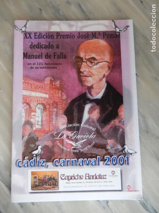 Coleccionismo de Revistas y Peri&oacute;dicos: C&Aacute;DIZ- LA GAVIOTA-CARNAVAL 2001-PREMIO JOS&Eacute; MAR&Iacute;A PEM&Aacute;N XX EDICI&Oacute;N-DEDICADO A MANUEL DE FALLA.