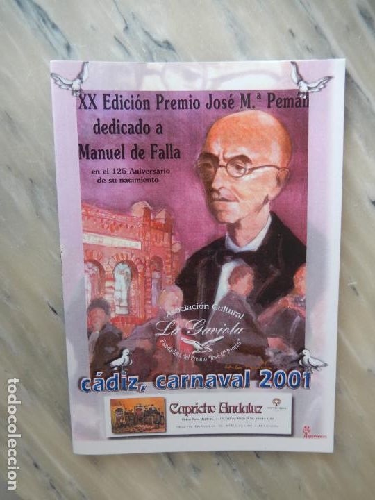 Coleccionismo de Revistas y Peri&oacute;dicos: C&Aacute;DIZ- LA GAVIOTA-CARNAVAL 2001-PREMIO JOS&Eacute; MAR&Iacute;A PEM&Aacute;N XX EDICI&Oacute;N-DEDICADO A MANUEL DE FALLA.