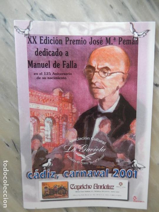 Coleccionismo de Revistas y Peri&oacute;dicos: C&Aacute;DIZ- LA GAVIOTA-CARNAVAL 2001-PREMIO JOS&Eacute; MAR&Iacute;A PEM&Aacute;N XX EDICI&Oacute;N-DEDICADO A MANUEL DE FALLA.