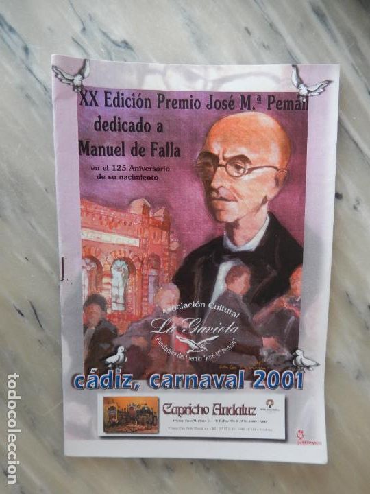 Coleccionismo de Revistas y Peri&oacute;dicos: C&Aacute;DIZ- LA GAVIOTA-CARNAVAL 2001-PREMIO JOS&Eacute; MAR&Iacute;A PEM&Aacute;N XX EDICI&Oacute;N-DEDICADO A MANUEL DE FALLA.