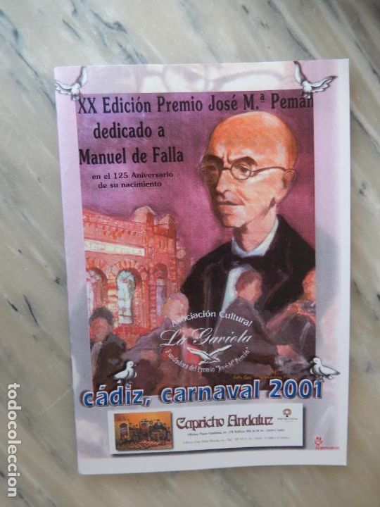 Coleccionismo de Revistas y Peri&oacute;dicos: C&Aacute;DIZ- LA GAVIOTA-CARNAVAL 2001-PREMIO JOS&Eacute; MAR&Iacute;A PEM&Aacute;N XX EDICI&Oacute;N-DEDICADO A MANUEL DE FALLA.