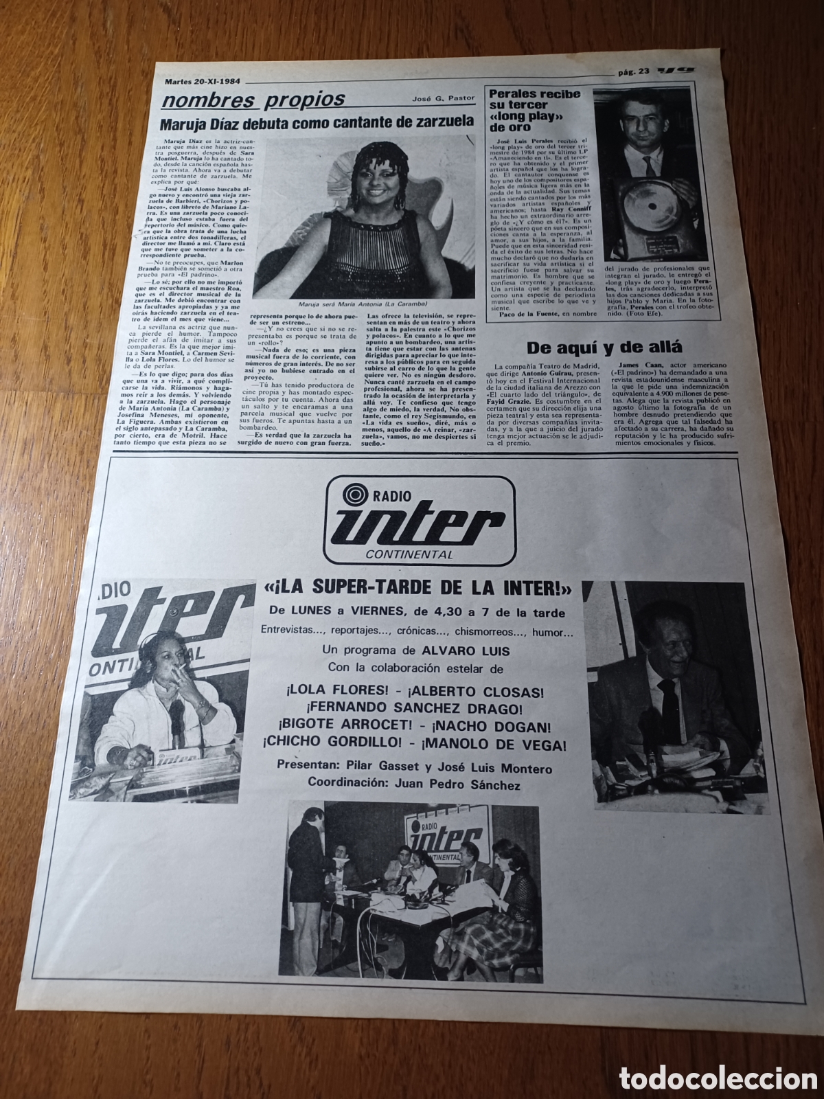 Coleccionismo de Revistas y Peri&oacute;dicos: MARUJITA DIAZ JOSE LUIS PERALES LOLA FLORES . HOJA PERIODICO A&Ntilde;O 1984. 41 X 26 CM