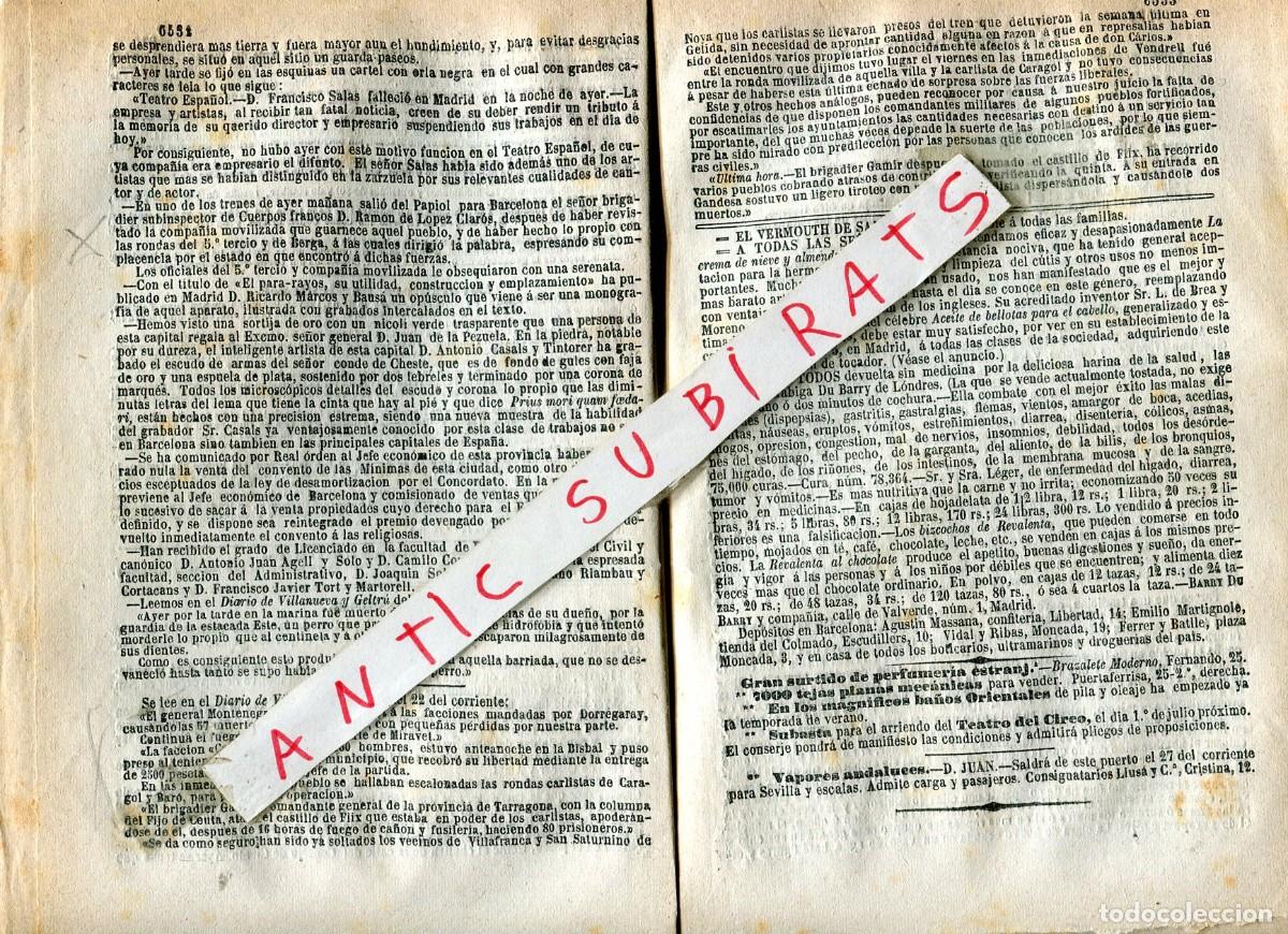 Collezionismo di Riviste e Giornali: DIARIO DE BARCELONA A&Ntilde;O 1875 TERECERA GUERRA CARLISTA PAPIOL CHERTA MIRAET BISBAL FLIX VENDRELL