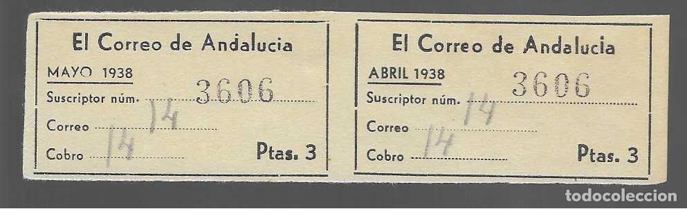 Coleccionismo de Revistas y Peri&oacute;dicos: SUSCRIPCION -EL CORREO DE ANDALUCIA- CUOTA ABRIL Y MAYO 1938, 3 PTAS, VER FOTO