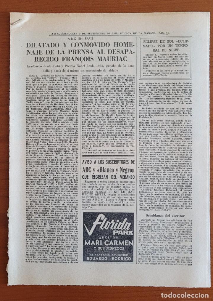 Coleccionismo de Revistas y Peri&oacute;dicos: Recortes ABC 2-9-70. Fallecimiento Francois Mauriac