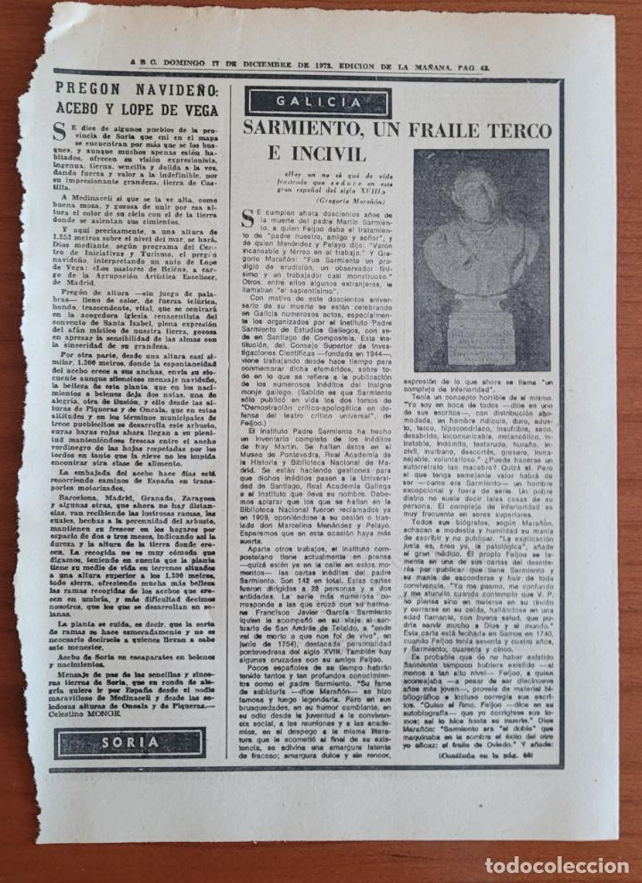 Coleccionismo de Revistas y Peri&oacute;dicos: Recorte ABC 17-12-72. 200 a&ntilde;os del fallecimiento del fraile Mart&iacute;n Sarmiento