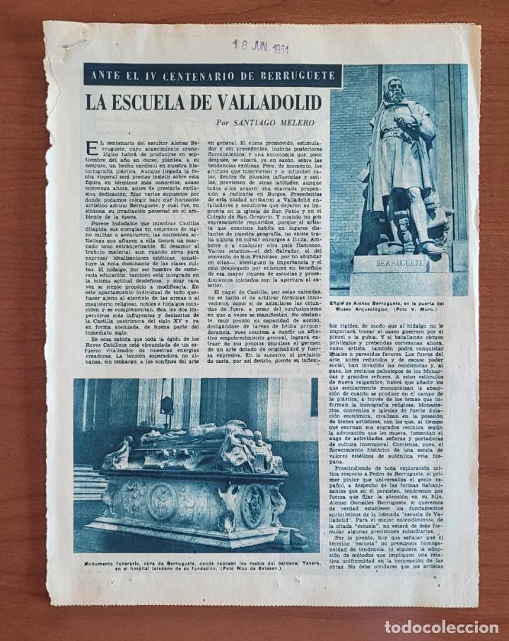 Coleccionismo de Revistas y Peri&oacute;dicos: Recortes ABC 18-7-61 VI Centenario de Berruguete. La escuela de Valladolid por Santiago Melero