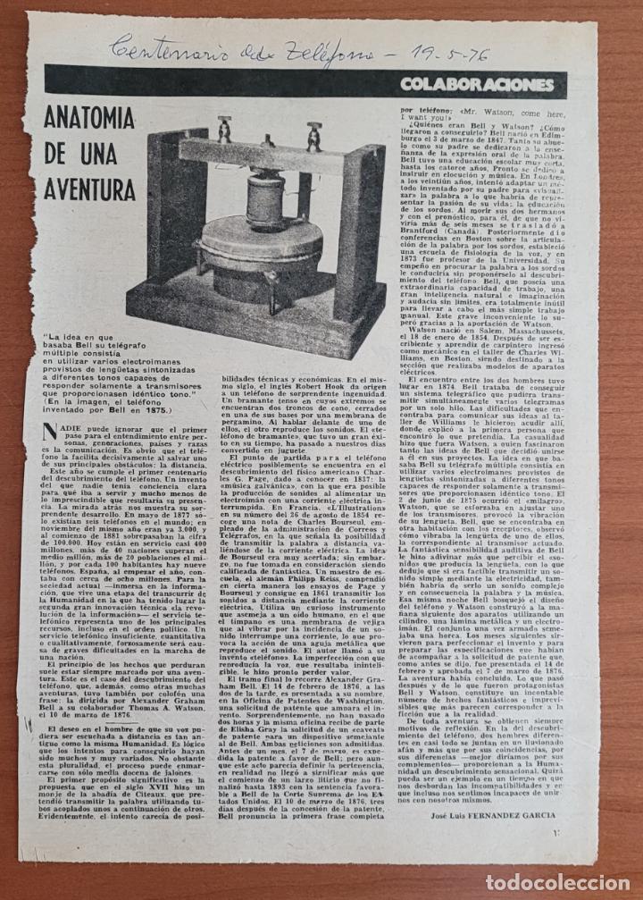 Coleccionismo de Revistas y Peri&oacute;dicos: Recorte ABC 19-5-76 Centanario del tel&eacute;fono. Anatom&iacute;a de una aventura por Jos&eacute; Luis Fern&aacute;ndez Garc&iacute;a