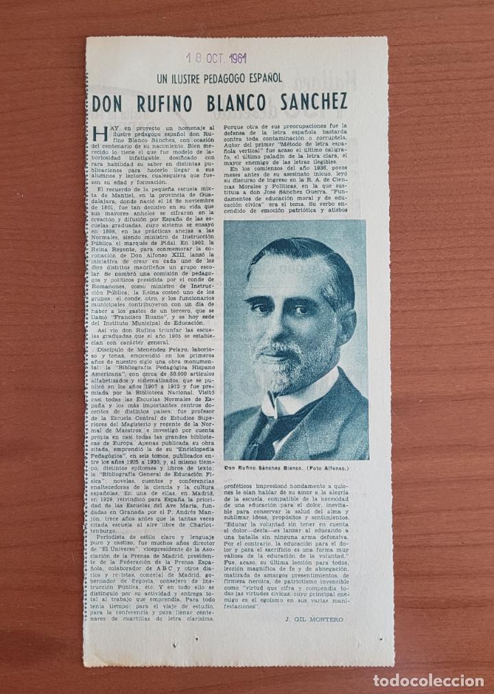 Coleccionismo de Revistas y Peri&oacute;dicos: Recorte ABC 18-10-61 Centenario nacimiento del pedagogo Rufino Blanco S&aacute;nchez por J. Gil Montero