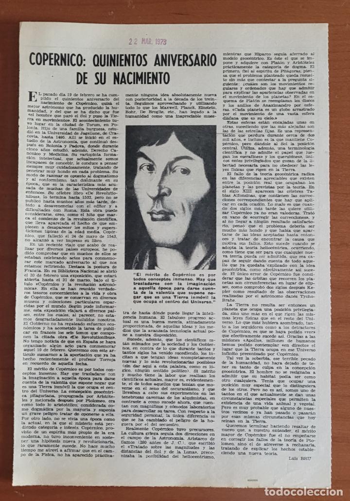 Coleccionismo de Revistas y Peri&oacute;dicos: Recorte ABC 22-3-73. Cop&eacute;rnico quinientos a&ntilde;os de su nacimiento por Luis Bru