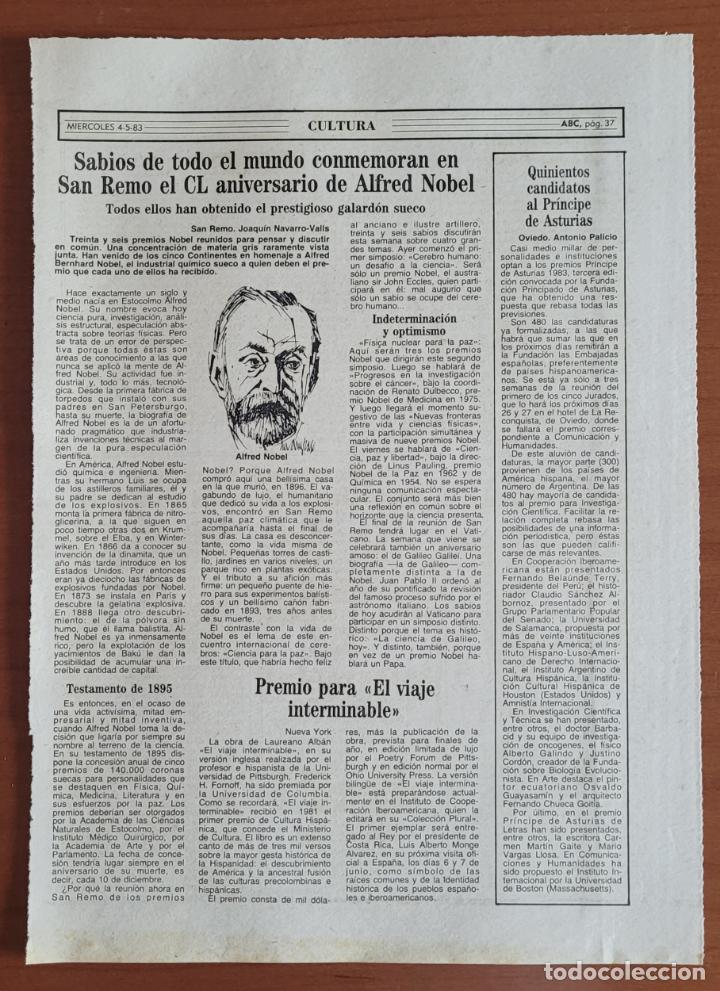 Coleccionismo de Revistas y Peri&oacute;dicos: Recorte ABC 4-5-83, 150 aniversario de Alfred Nobel.