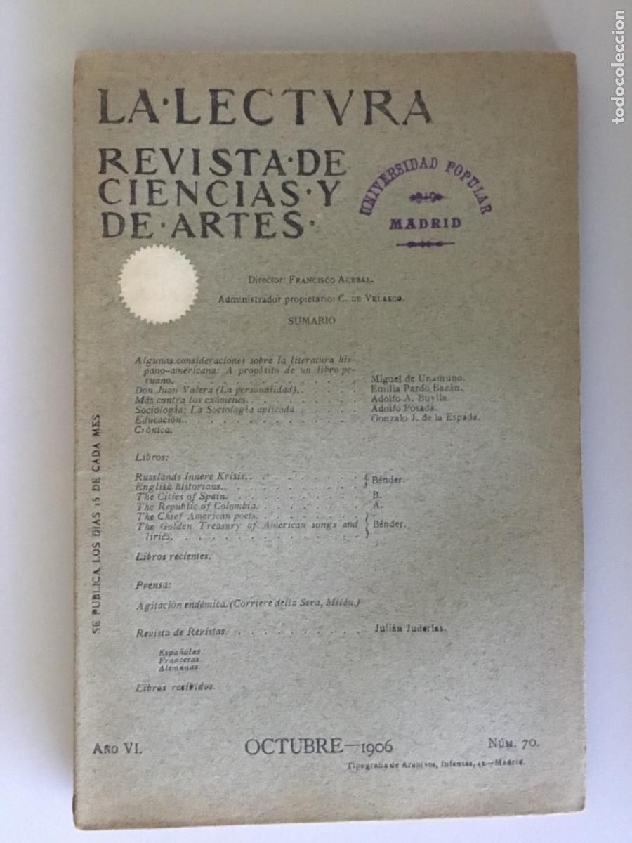 Coleccionismo de Revistas y Peri&oacute;dicos: LA LECTURA N&ordm; 70 // REVISTA DE CIENCIAS Y DE ARTES // 1906 // EMILIA PARDO BAZ&Aacute;N, MIGUEL DE UNAMUNO