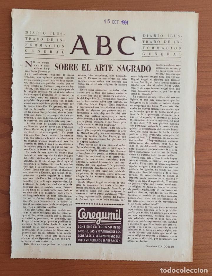 Coleccionismo de Revistas y Peri&oacute;dicos: Recorte ABC 15-10-61 Sobre el arte sagrado por Francisco de Cossio
