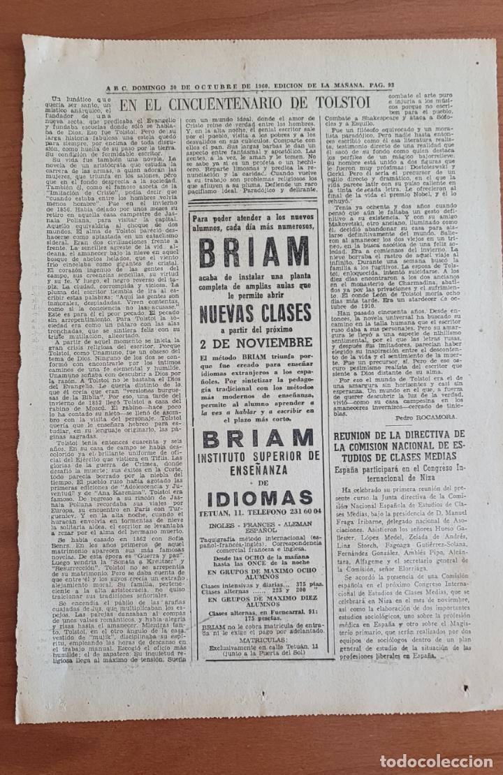 Coleccionismo de Revistas y Peri&oacute;dicos: Recorte ABC 30-10-60 Cincuentenario de Tolstoi por Pedro Rocamora