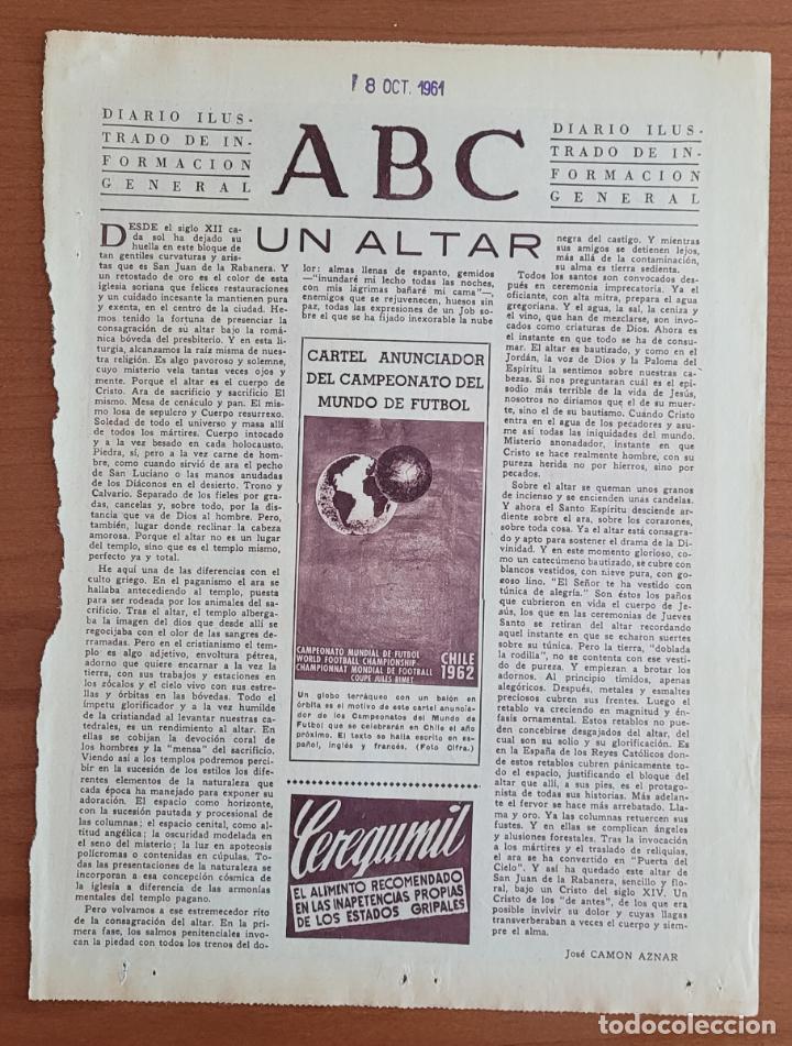 Coleccionismo de Revistas y Peri&oacute;dicos: Recorte ABC 18-10-61 Un altar San Juan de Rabanera art&iacute;culo por Jos&eacute; Cam&oacute;n Aznar