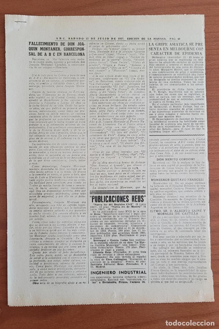 Coleccionismo de Revistas y Peri&oacute;dicos: Recortes ABC 13-7-57 Fallecimiento de Joaqu&iacute;n Montaner