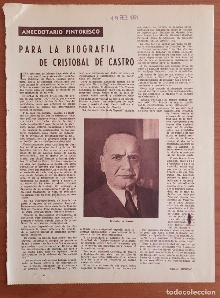 Coleccionismo de Revistas y Peri&oacute;dicos: Recorte ABC 19-2-61 Crist&oacute;bal de Castro