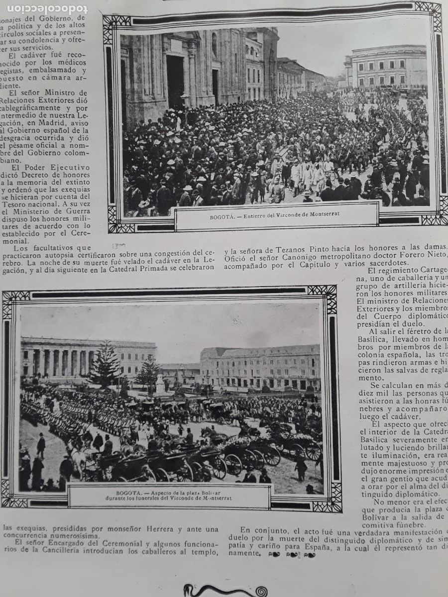 Collection Magazines and Newspapers: ENTIERRO BOGOTA VIZCONDE DE MONTSERRAT COLOMBIA PLAZA BOLIVAR HOJA A&Ntilde;O 1913