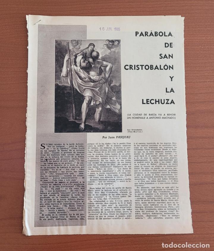 Coleccionismo de Revistas y Peri&oacute;dicos: Recortes ABC 16-6-65 Par&aacute;bola de San Cristobal&oacute;n y la lechuza por Juan Pasquau