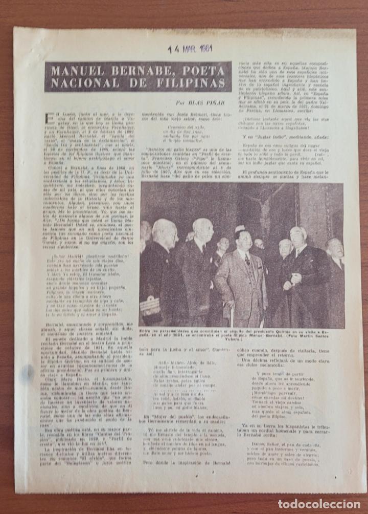 Coleccionismo de Revistas y Peri&oacute;dicos: Recortes ABC 14-3-61 Manuel Bernab&eacute; poeta nacional de Filipinas, art&iacute;culo por Blas Pi&ntilde;ar