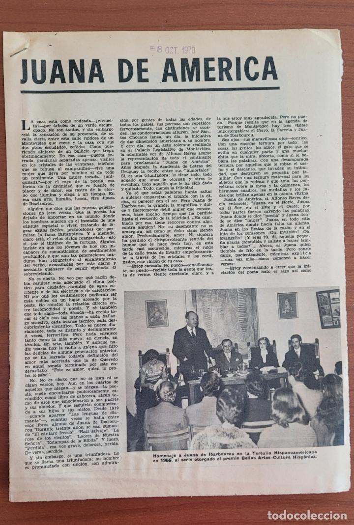 Coleccionismo de Revistas y Peri&oacute;dicos: Recortes ABC 8-10-70 Juana Ibarbourou. Juana de Am&eacute;rica. Art&iacute;culo por Julia Prilutzky Farny