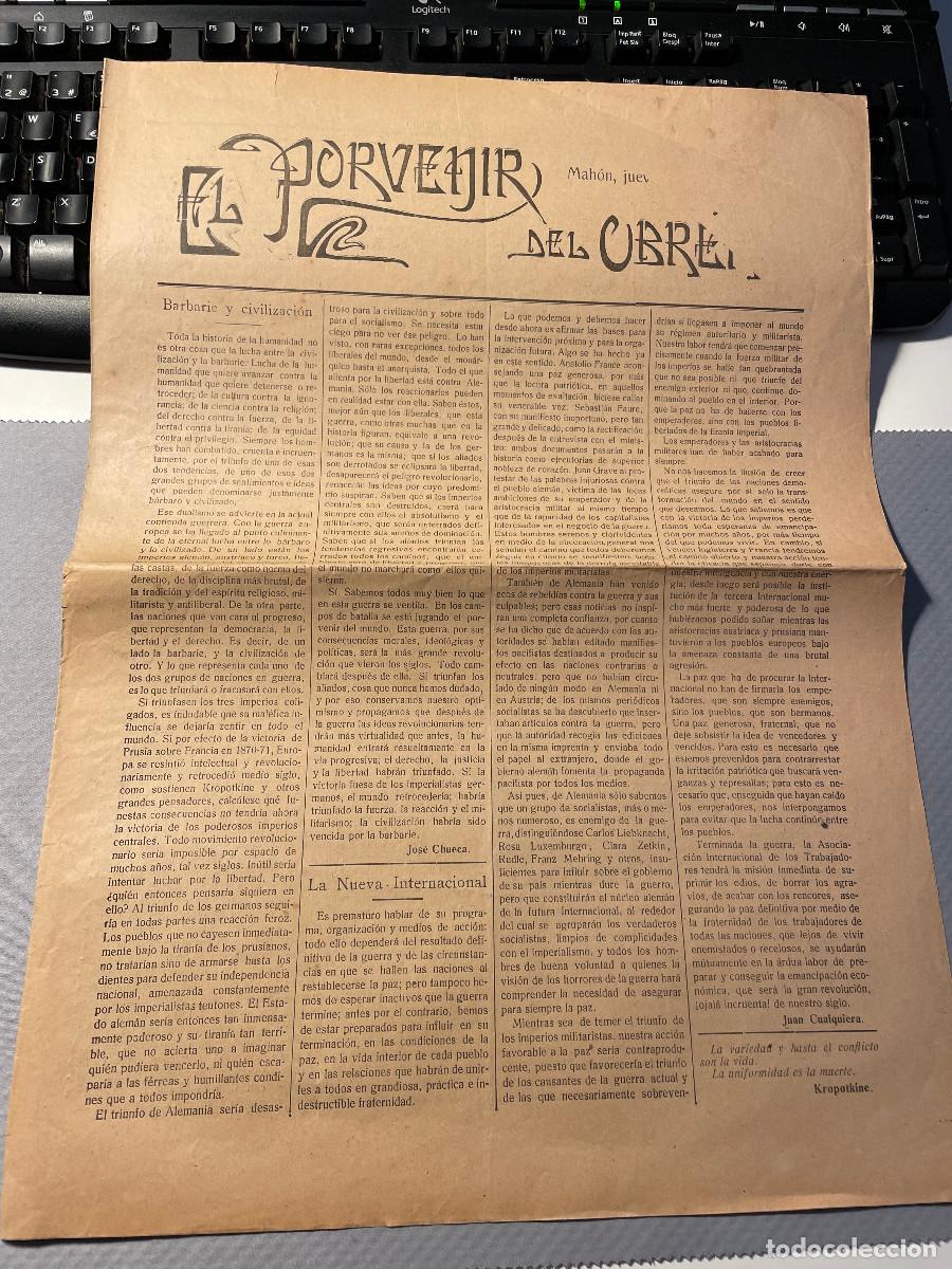 Coleccionismo de Revistas y Peri&oacute;dicos: ANTIGUO PERI&Oacute;DICO-EL PORVENIR DEL OBRERO-. ANARQUISTA. JULIO 1915. ERROR PORTADA. INENCONTRABLE. @